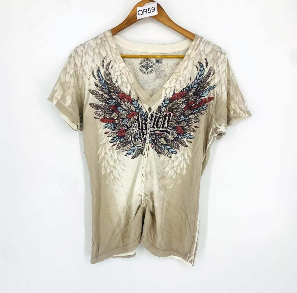 Affliction Womens XL Lace Up Graphic Tee Rhinestone Wings Y2K Biker Grunge